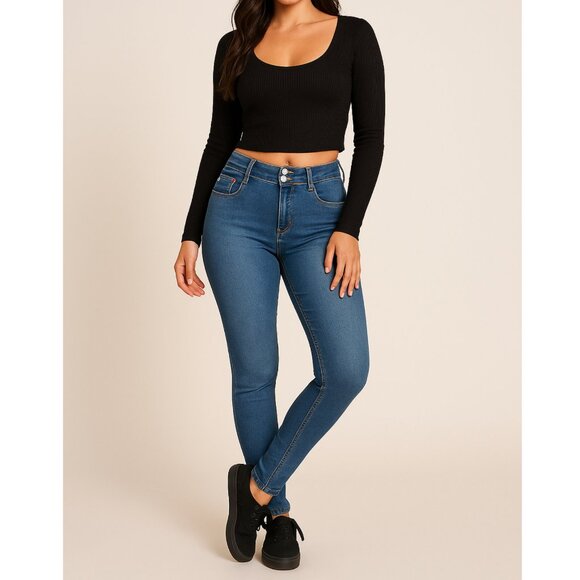 Y&F Stretch Women’s Sz 11/12 High Rise Curvy Fit Jeans Blue Rhinestone Buttons - Picture 2 of 16